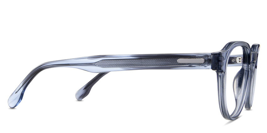 Risto prescription eyewear in the mazarine variant - has a regular thick temple with a visible silver wire core.