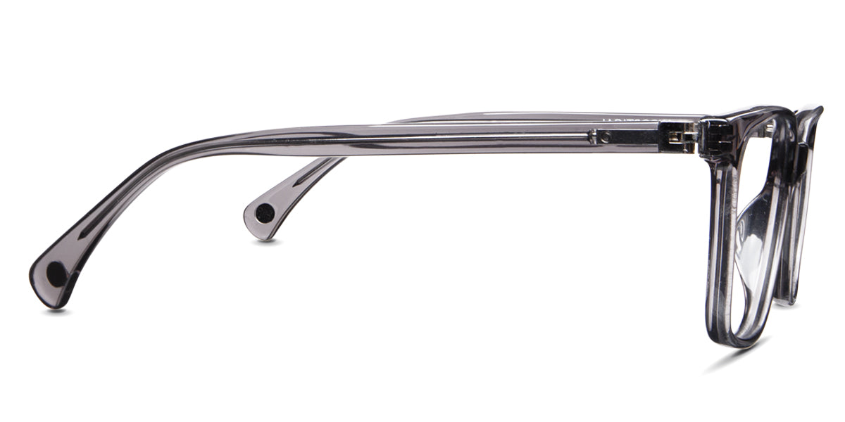 Brantley Jr square frame in the light pewter variant has a thin temple arm with medium thick temple tips.