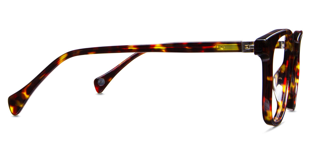 Grimm Jr kid's eyeglasses in maple shadows variant have a curvy end piece and visible wire core.