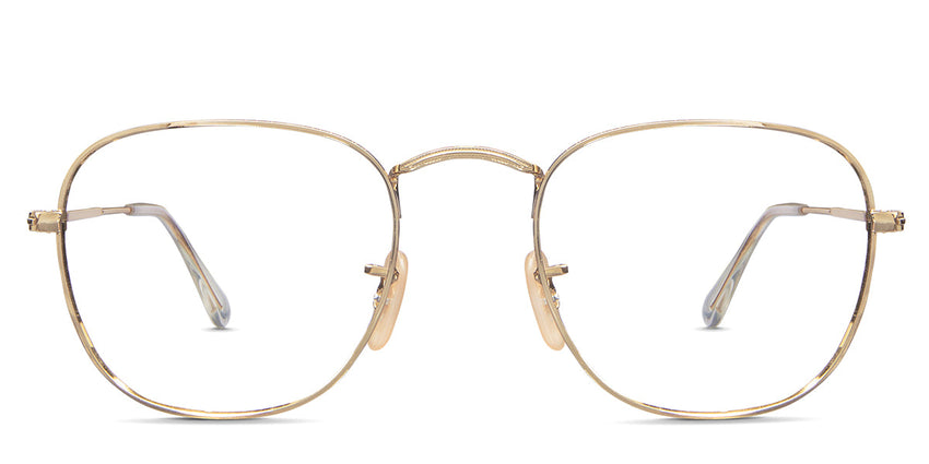 Sique glasses in baroque variant in gold colour with metal frame - it has curvy corner square shape frame with adjustable nose pads