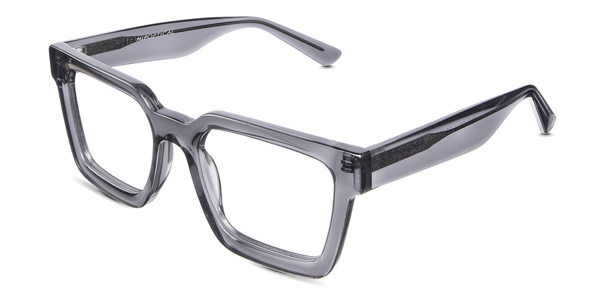 Umer eyeglasses in silver cloud variant - it's square frame with broad temple arms with high nose bridge and a straight bar at top