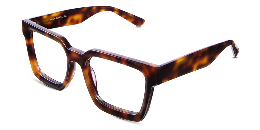 Umer eyeglasses in walnut variant - it's square frame with broad temple arms with high nose bridge and a straight bar at top