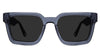 Umer black tinted Standard Solid sunglasses in sapphire variant - it's a medium-sized transparent square frame with company name and logo in the inside temple.