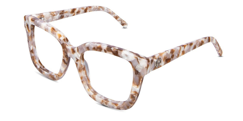 Acra eyeglasses in lopi variant in pearl and brown colour - medium broad arms with Hip Optical written on the right arm